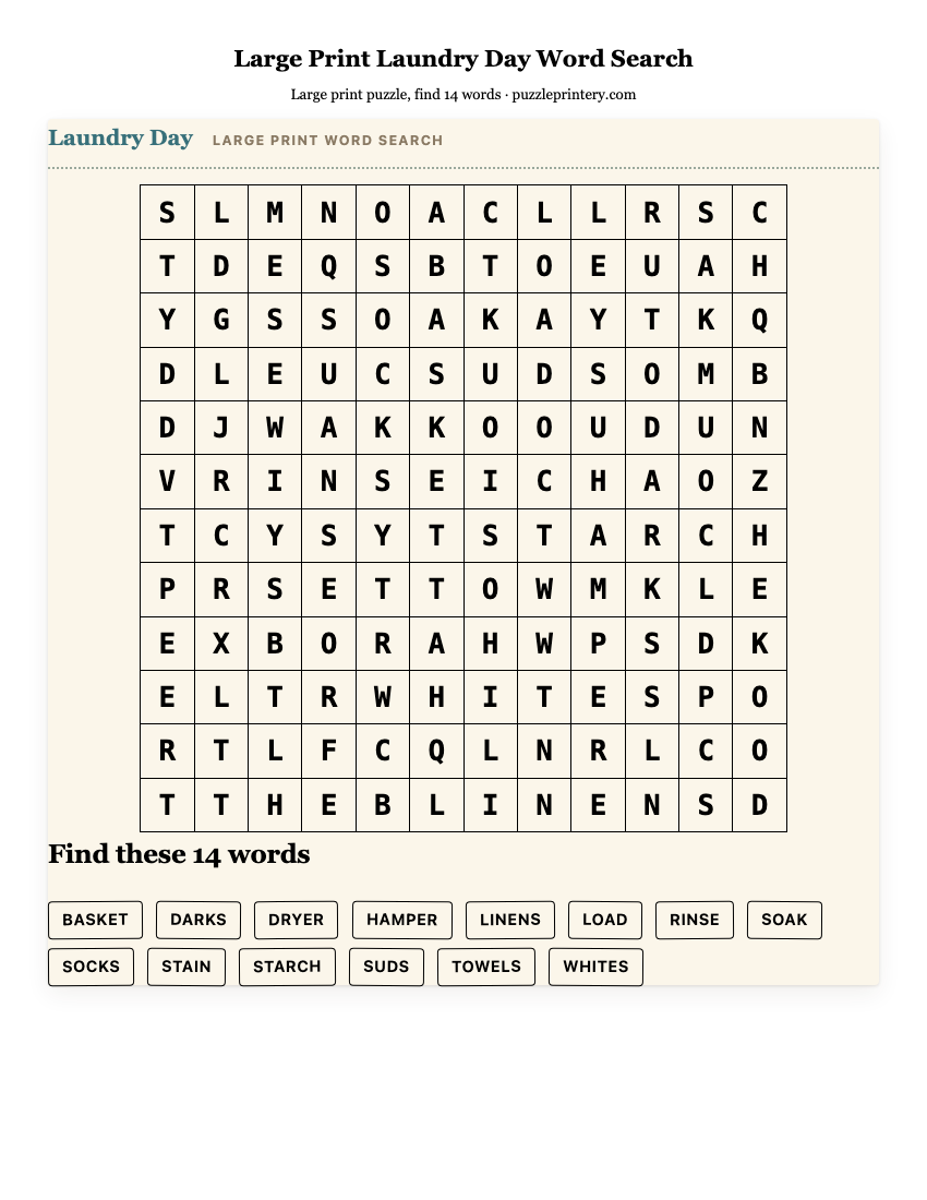 Large Print Laundry Day Word Search printable preview