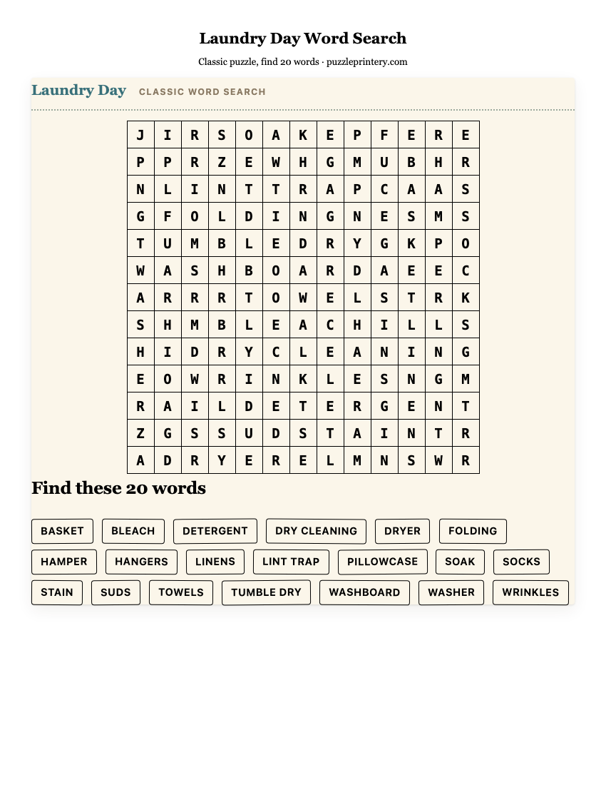 Laundry Day Word Search printable preview