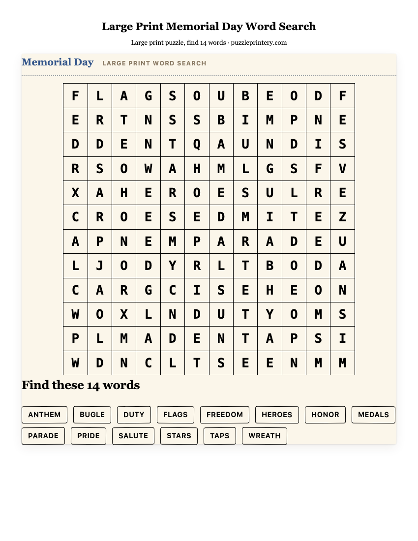 Large Print Memorial Day Word Search printable preview