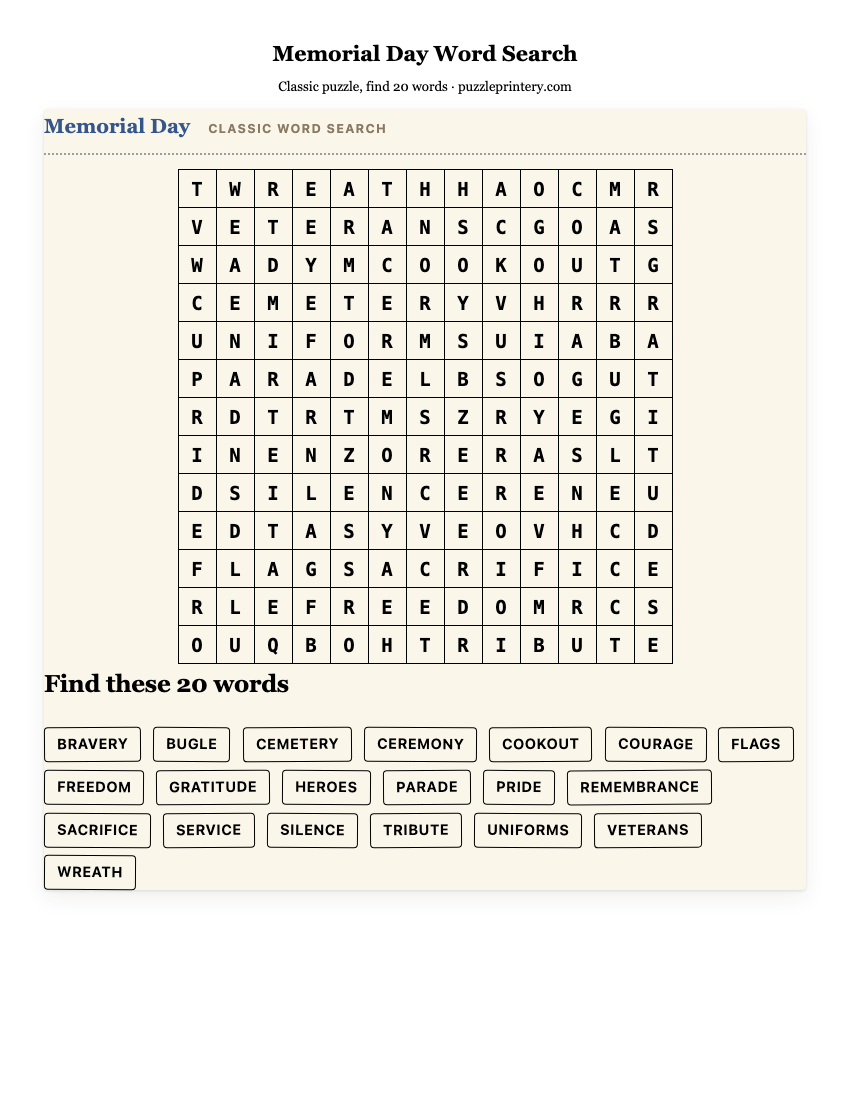 Memorial Day Word Search printable preview