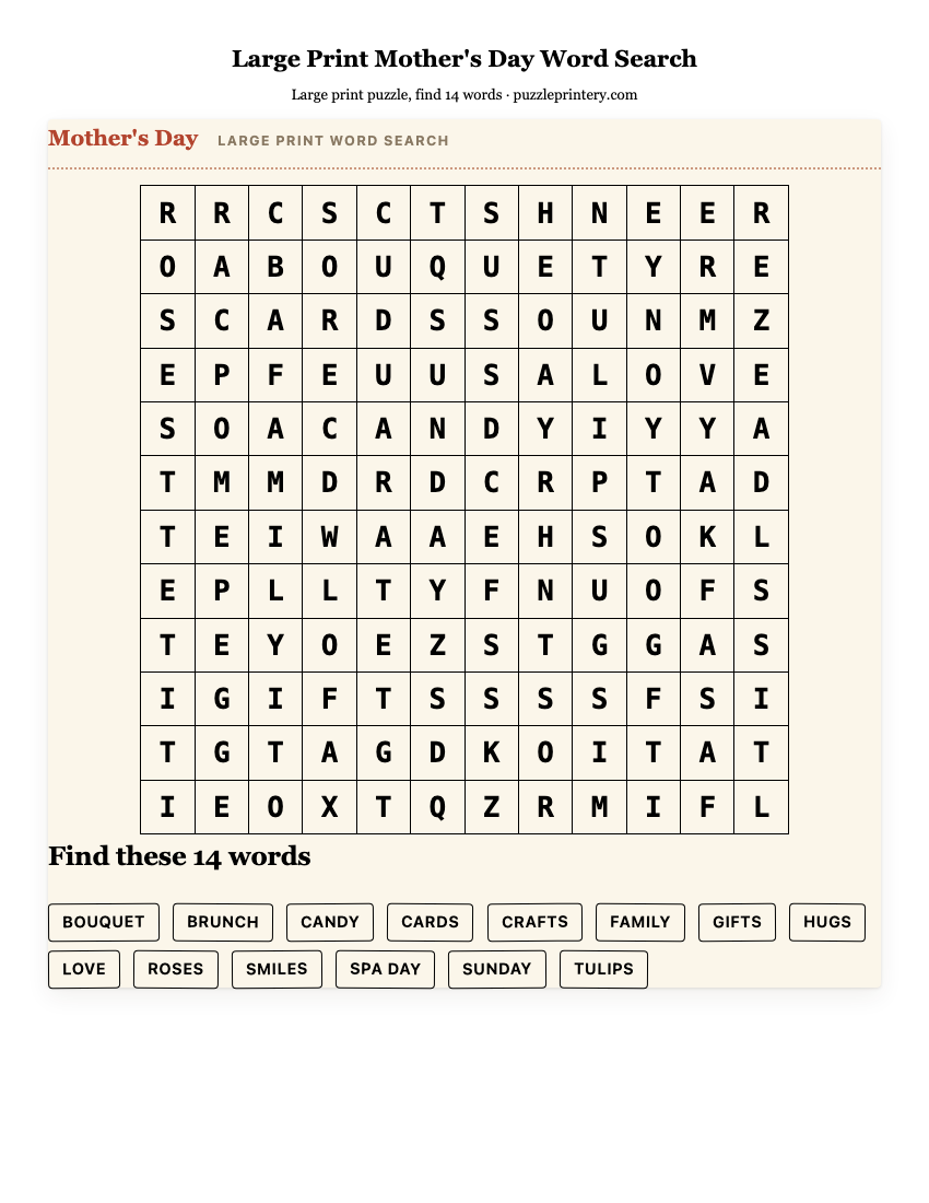 Large Print Mother's Day Word Search printable preview