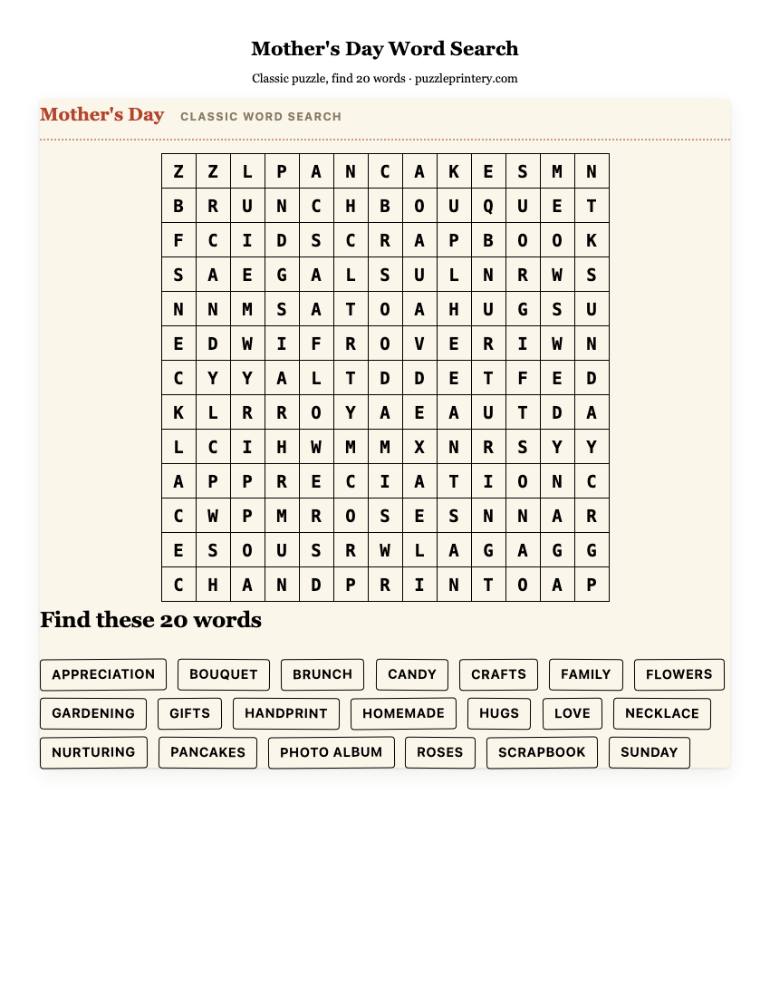 Mother's Day Word Search printable preview