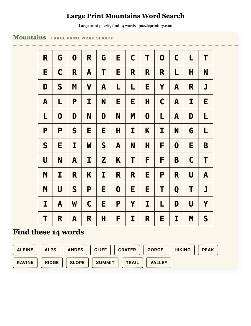 Large Print Mountains Word Search printable preview