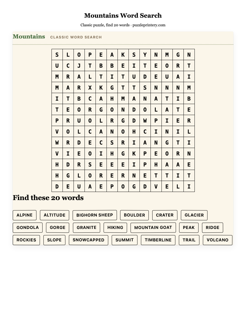 Mountains Word Search printable preview