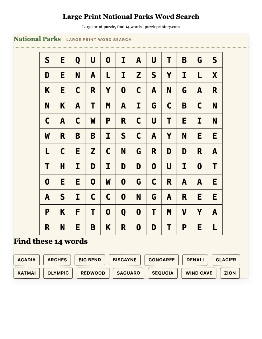 Large Print National Parks Word Search printable preview