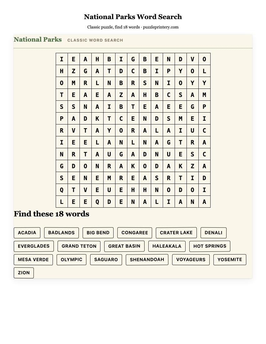 National Parks Word Search printable preview