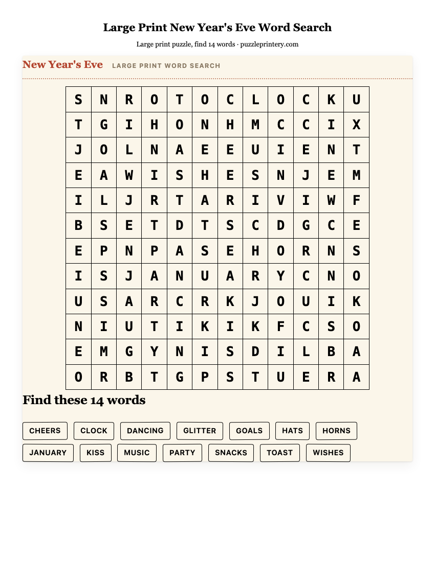 Large Print New Year's Eve Word Search printable preview