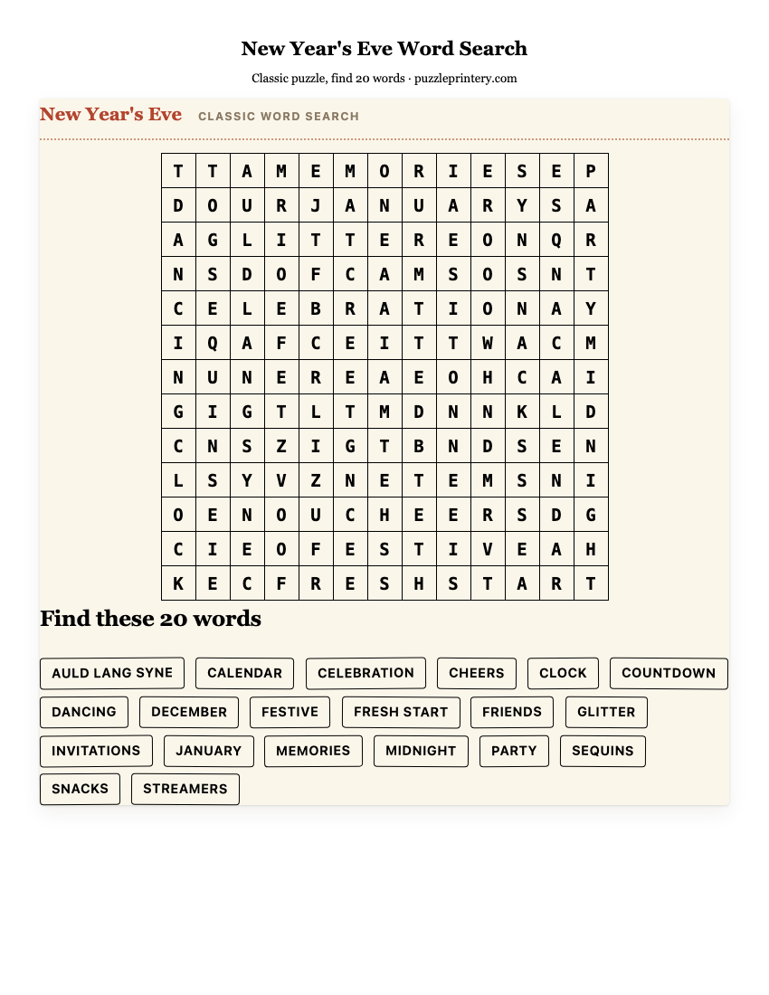 New Year's Eve Word Search printable preview