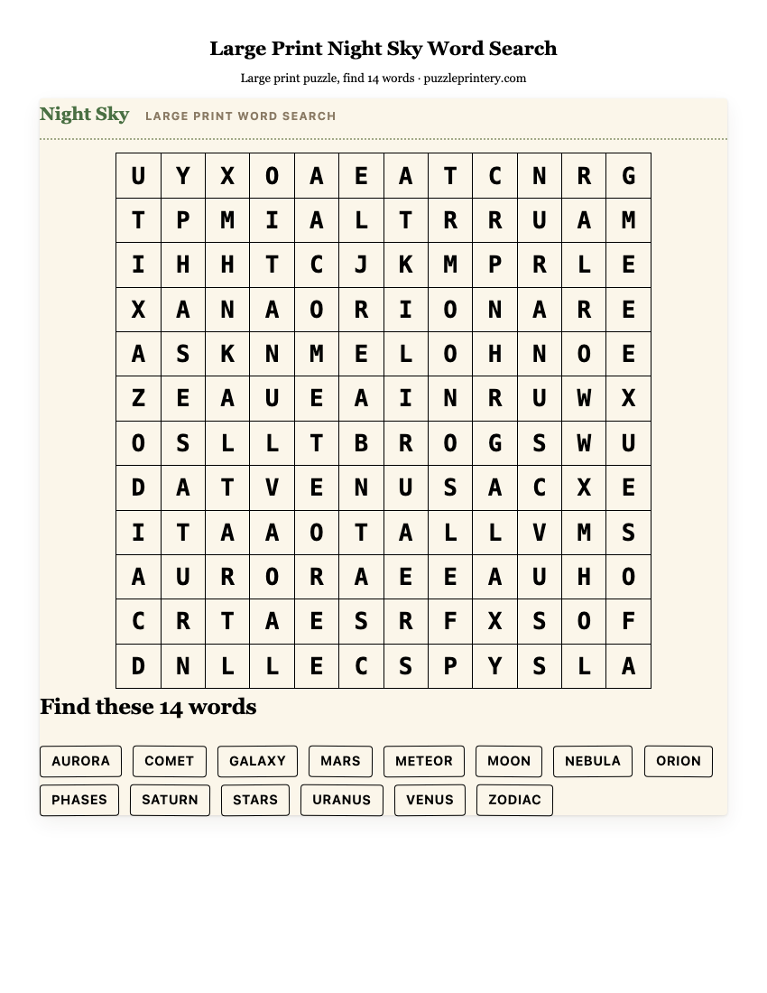 Large Print Night Sky Word Search printable preview