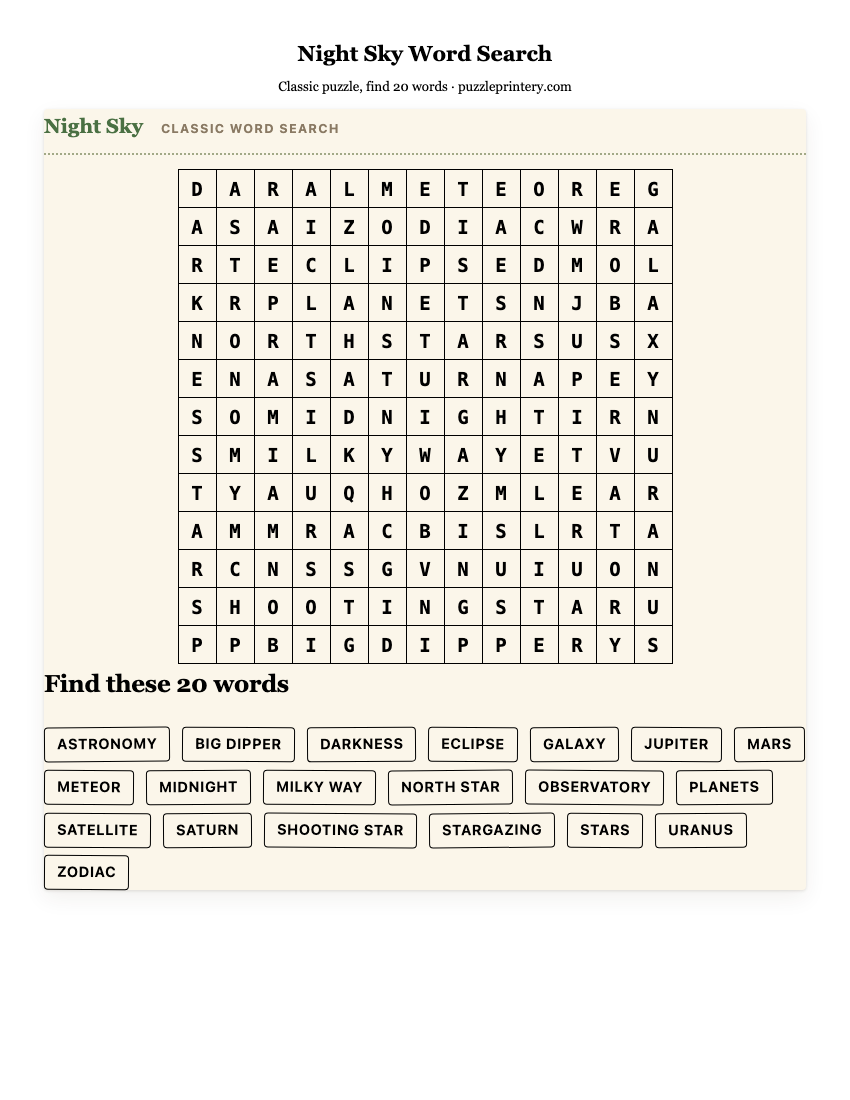 Night Sky Word Search printable preview