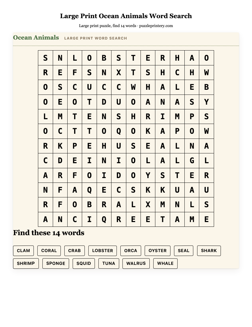 Large Print Ocean Animals Word Search printable preview