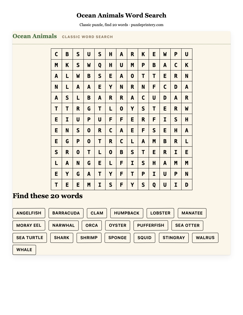Ocean Animals Word Search printable preview
