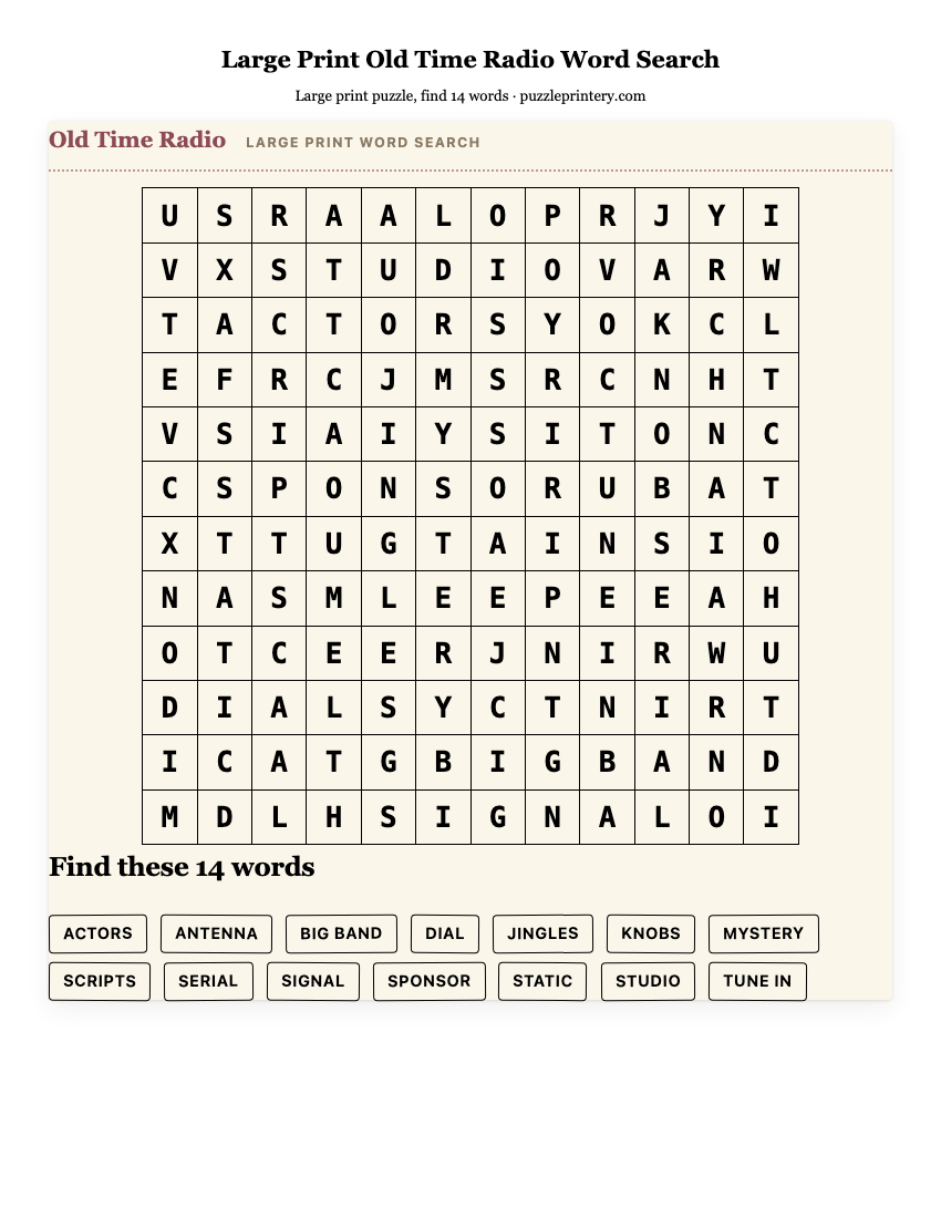 Large Print Old Time Radio Word Search printable preview