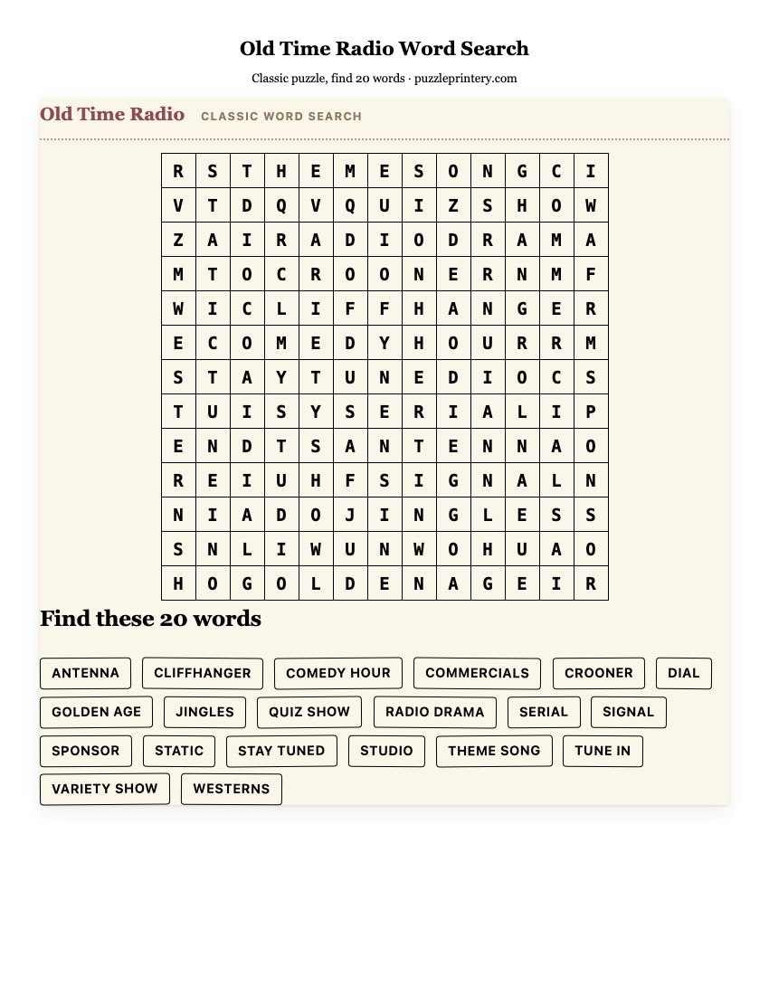 Old Time Radio Word Search printable preview
