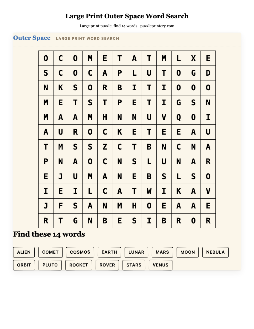 Large Print Outer Space Word Search printable preview