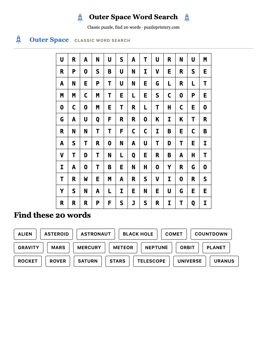 Outer Space Word Search printable preview