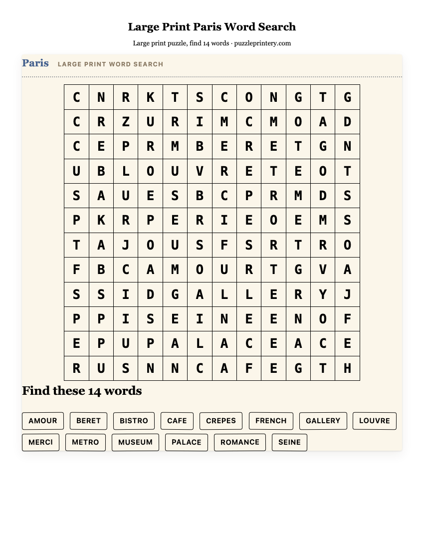 Large Print Paris Word Search printable preview