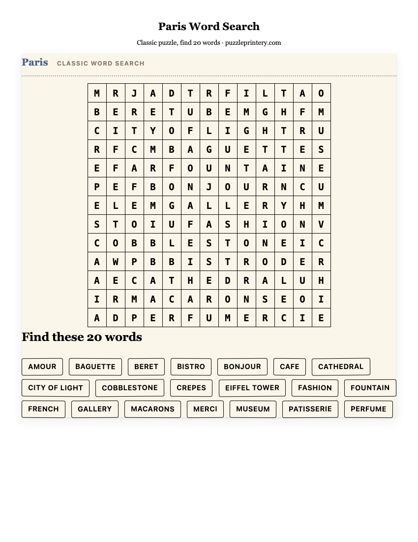Paris Word Search printable preview