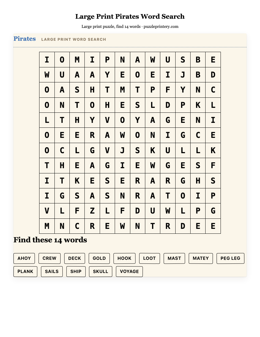 Large Print Pirates Word Search printable preview