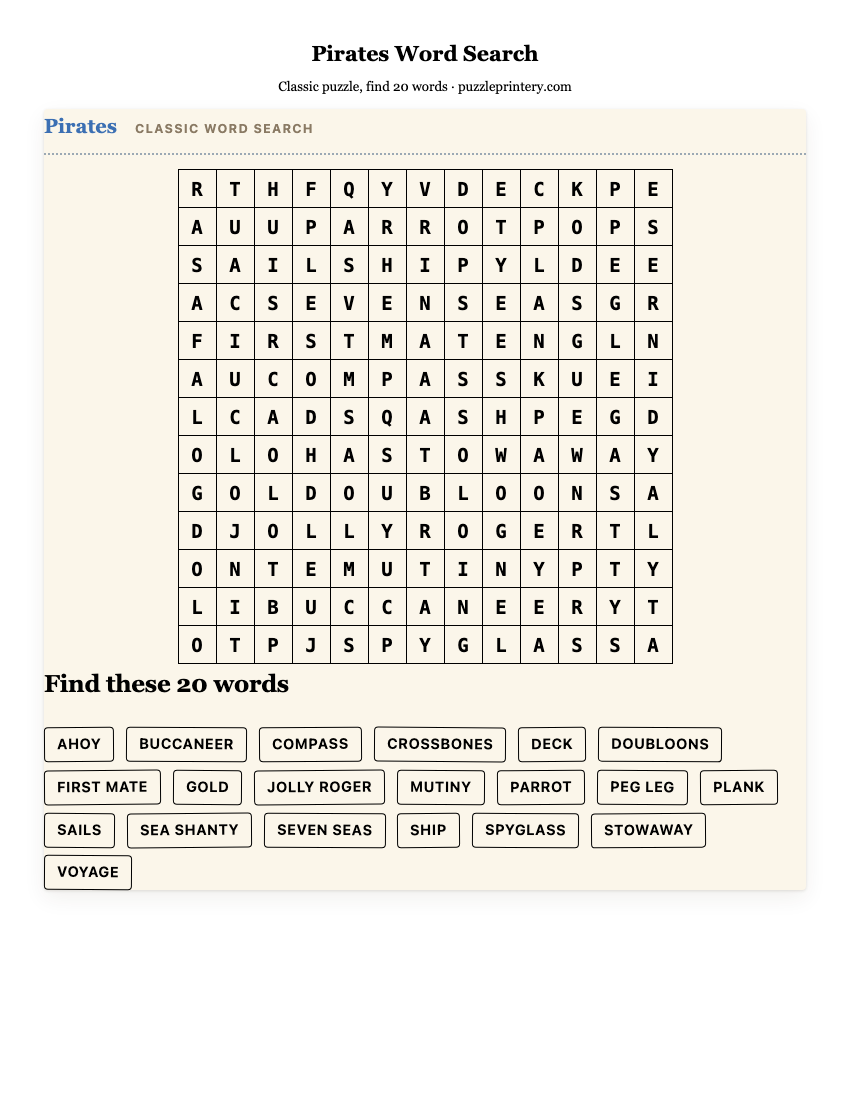 Pirates Word Search printable preview