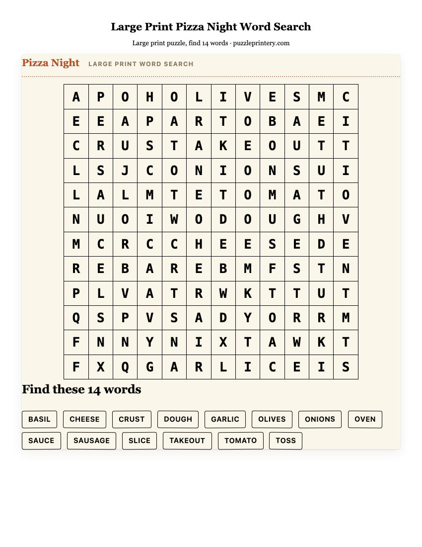 Large Print Pizza Night Word Search printable preview