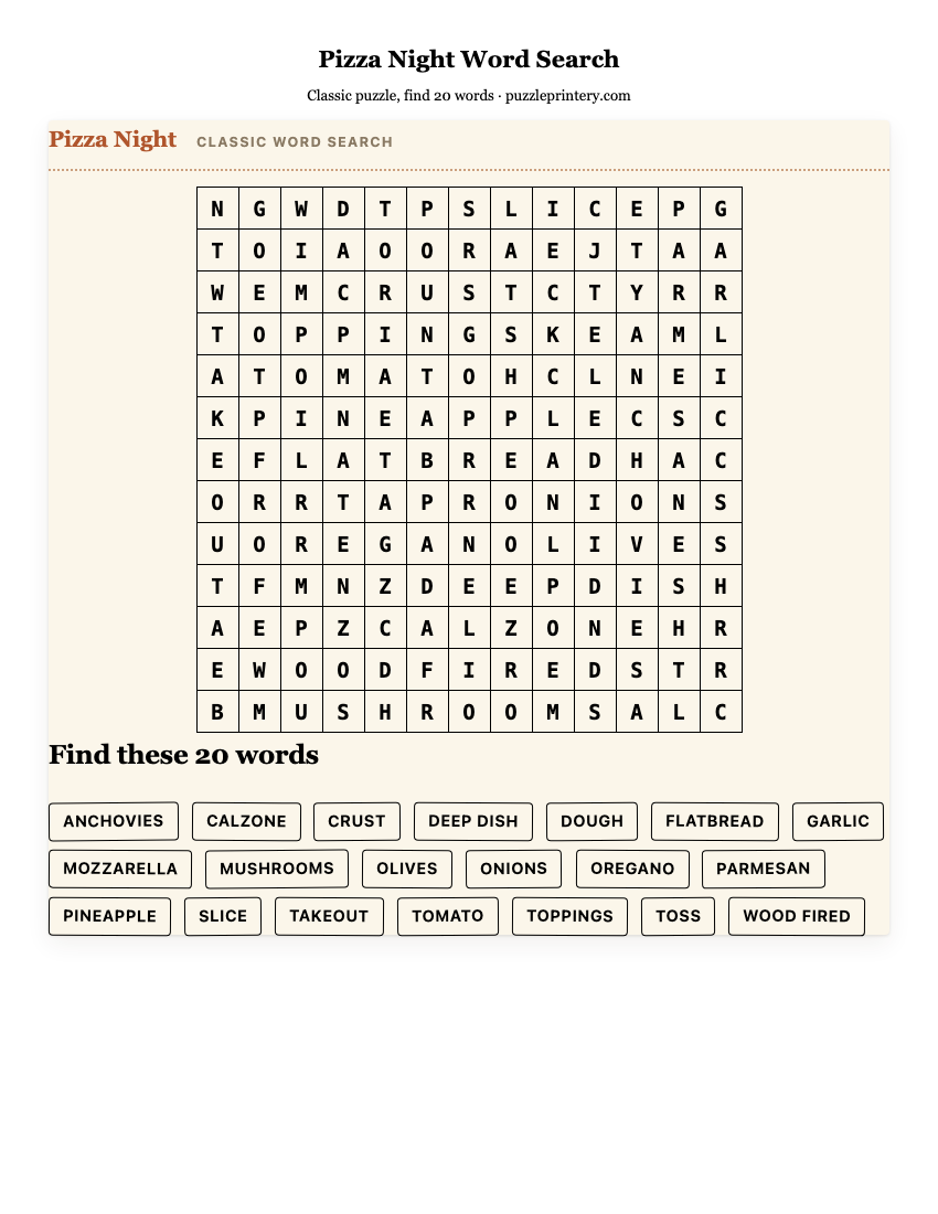 Pizza Night Word Search printable preview