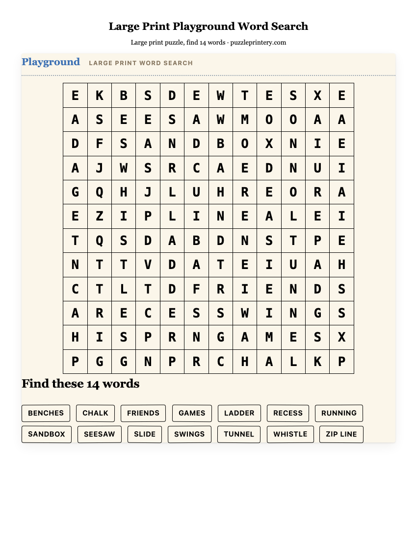Large Print Playground Word Search printable preview