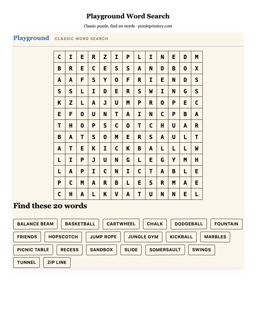 Playground Word Search printable preview