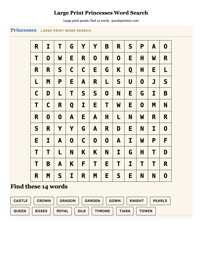 Large Print Princesses Word Search printable preview