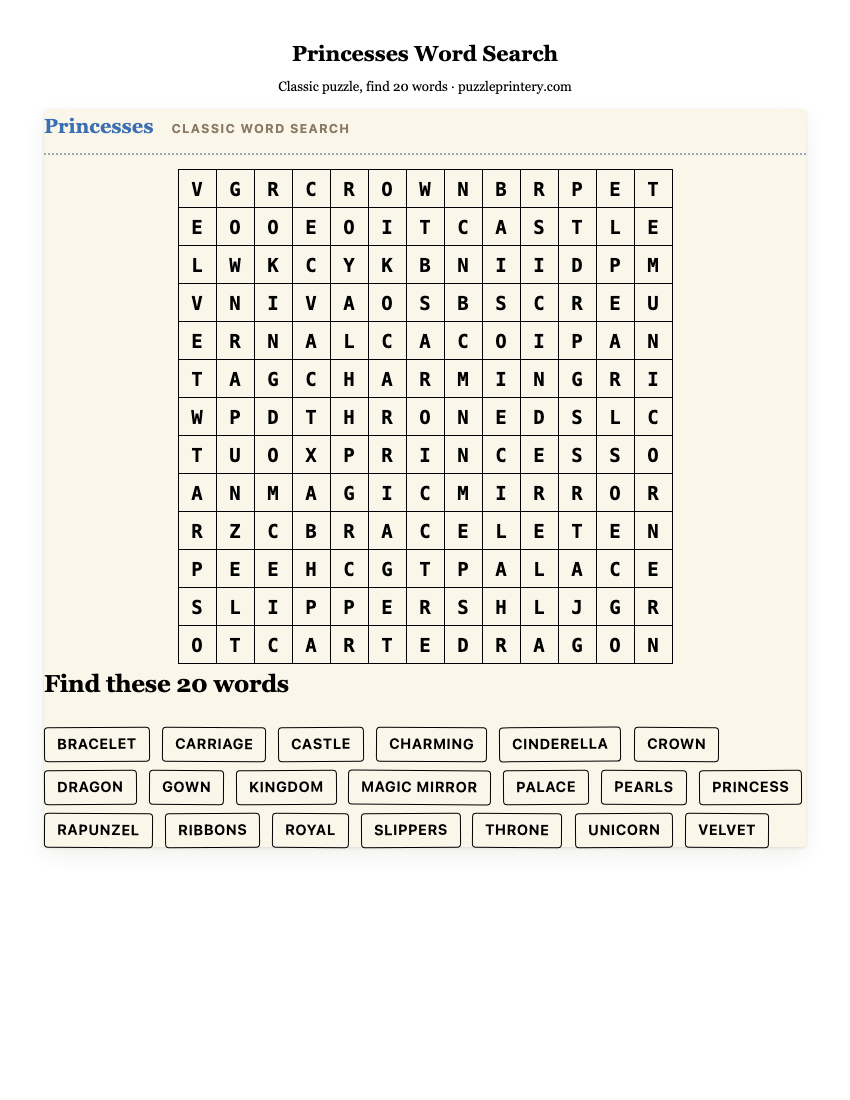 Princesses Word Search printable preview
