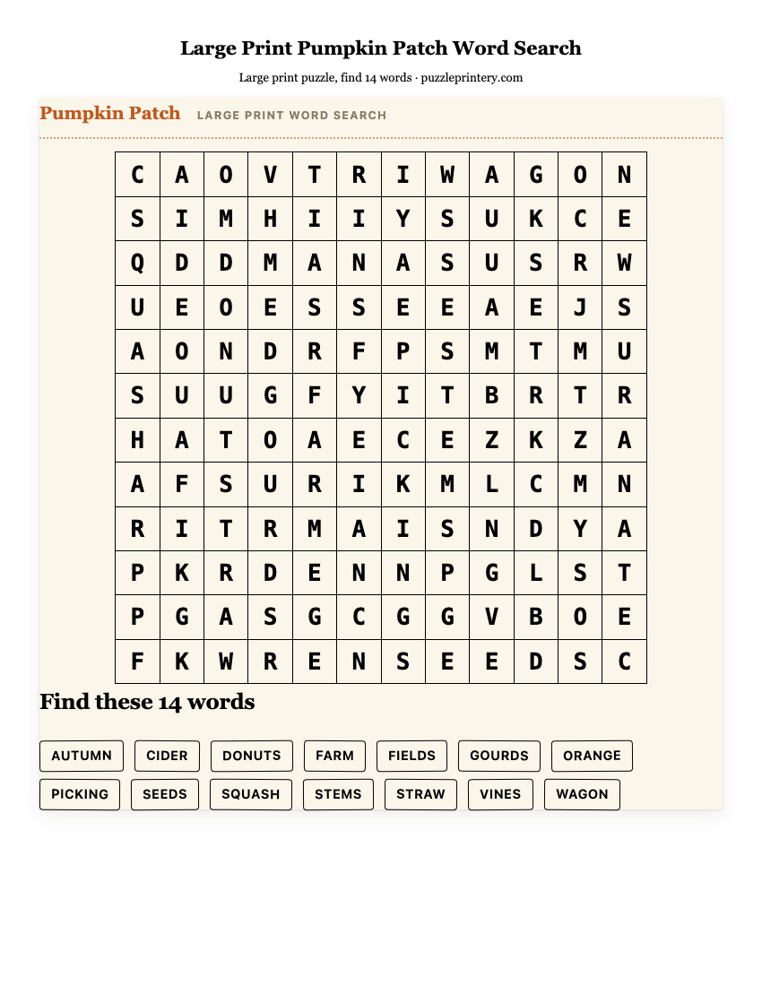 Large Print Pumpkin Patch Word Search printable preview