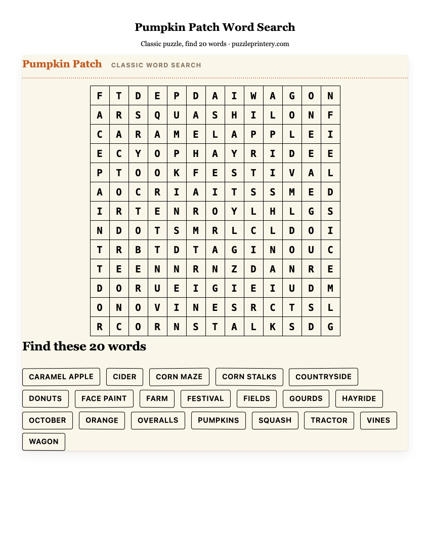 Pumpkin Patch Word Search printable preview