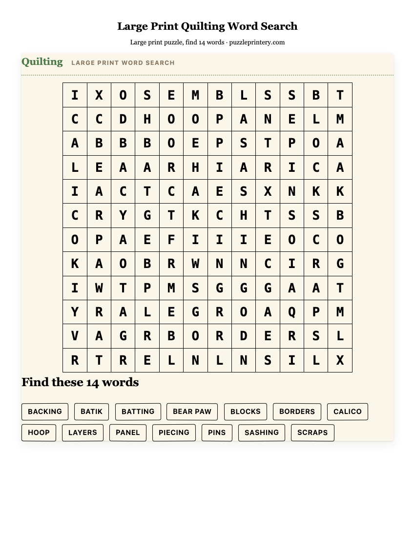 Large Print Quilting Word Search printable preview