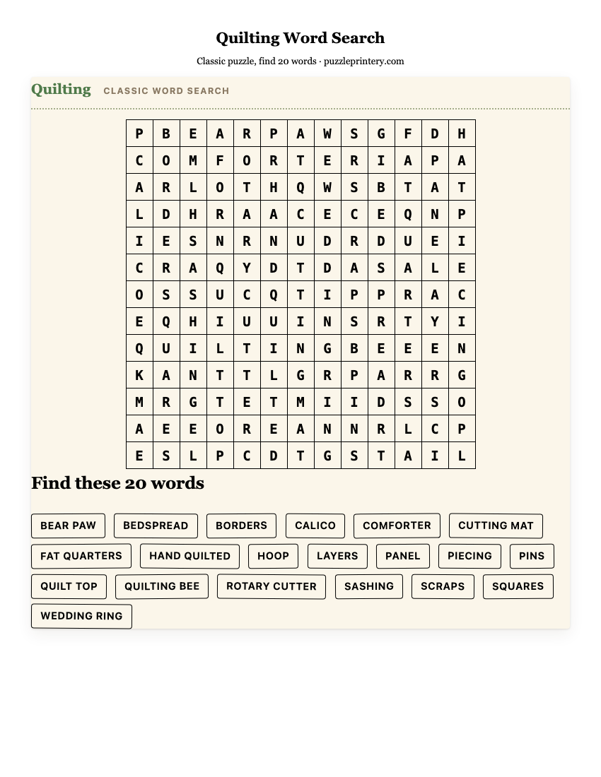 Quilting Word Search printable preview