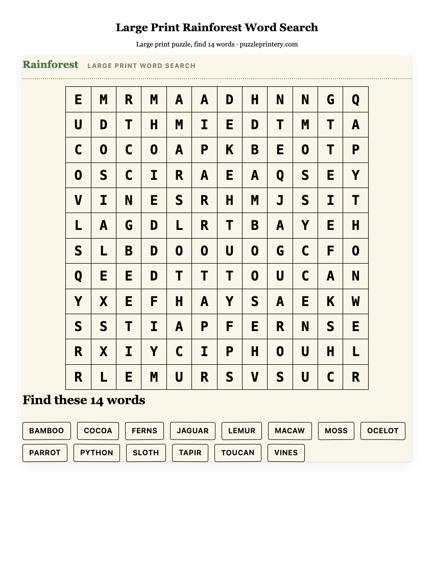 Large Print Rainforest Word Search printable preview