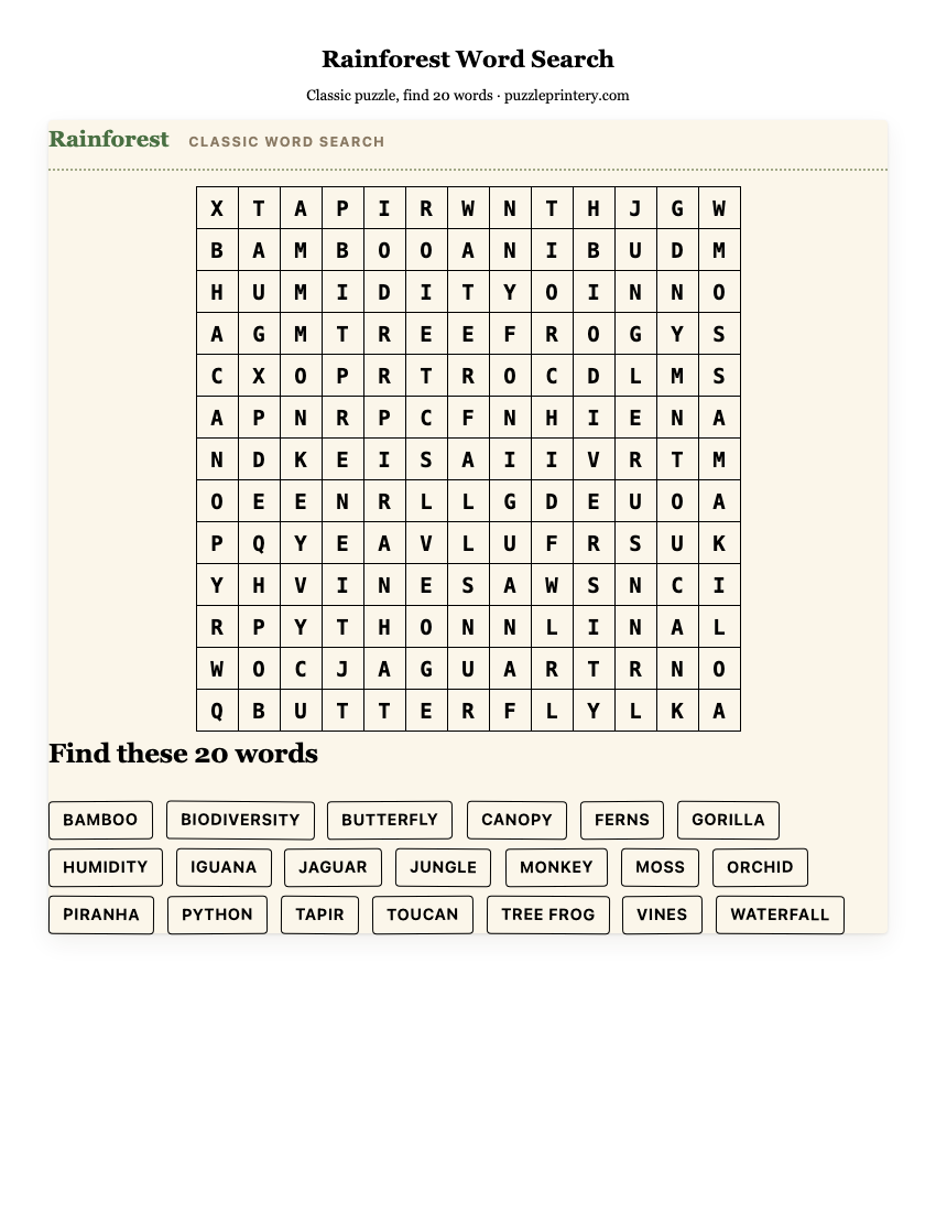 Rainforest Word Search printable preview
