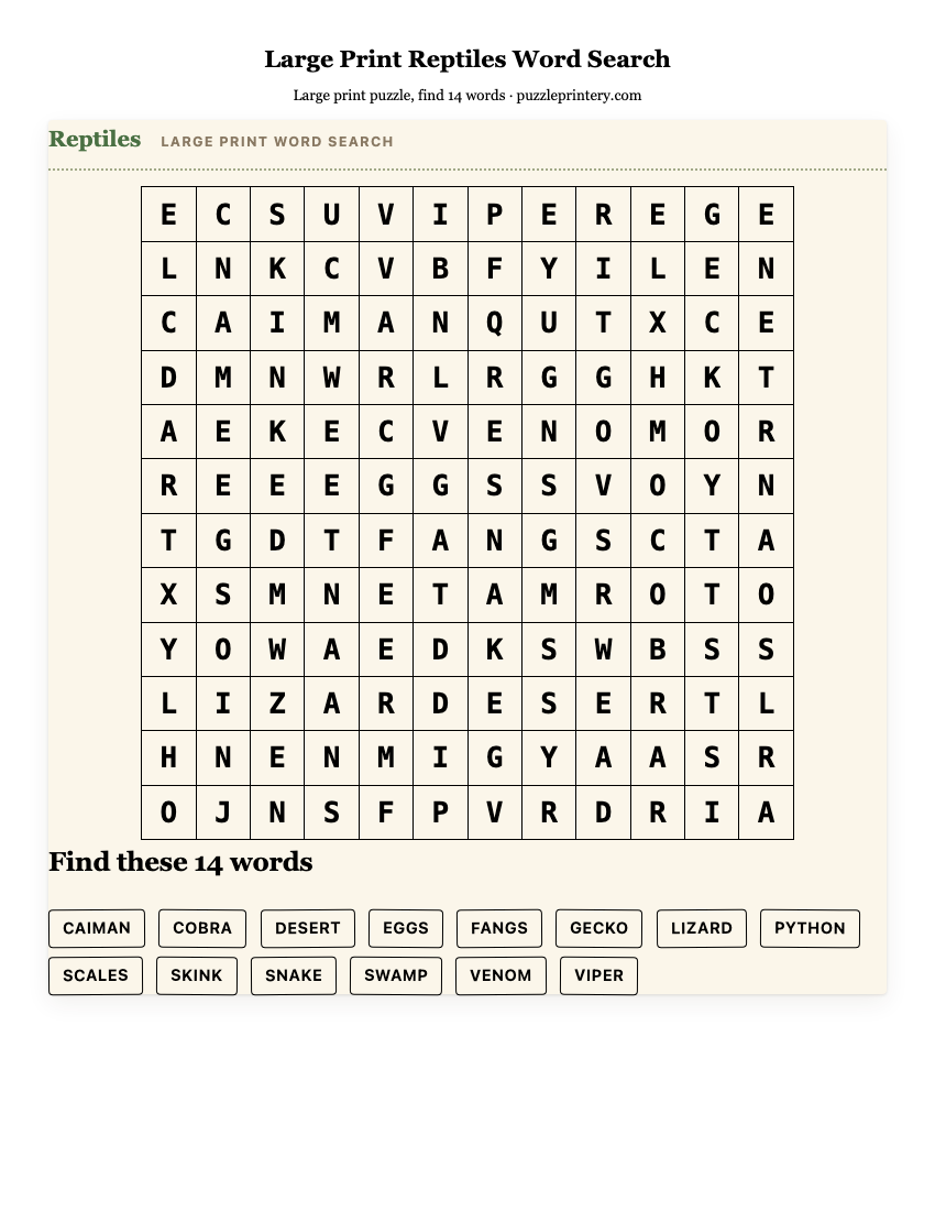 Large Print Reptiles Word Search printable preview