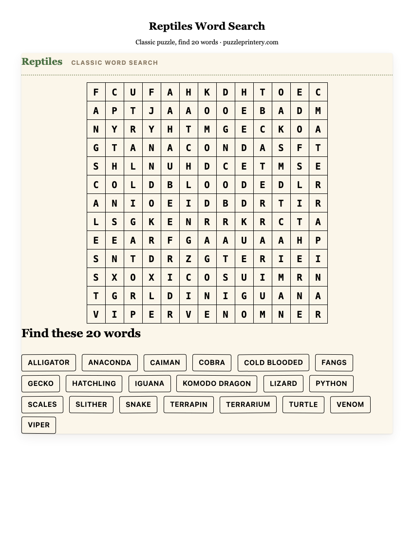 Reptiles Word Search printable preview