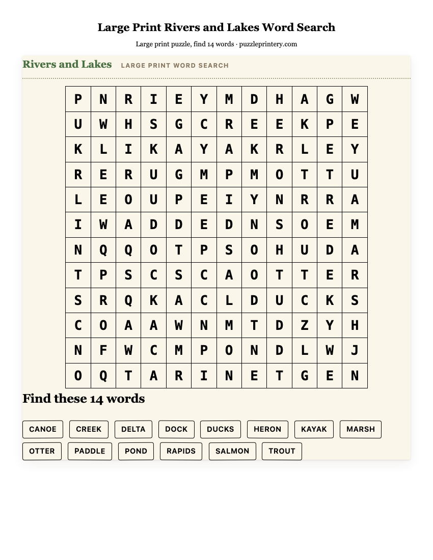 Large Print Rivers and Lakes Word Search printable preview