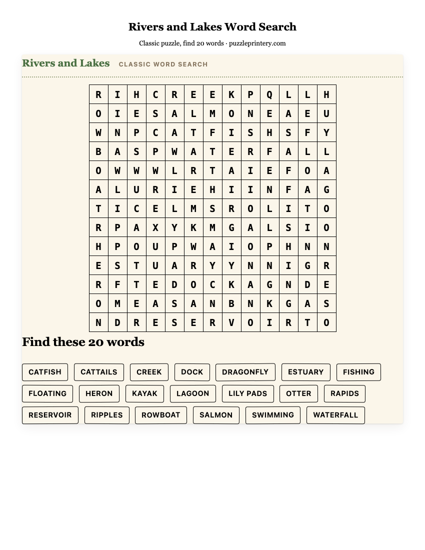 Rivers and Lakes Word Search printable preview