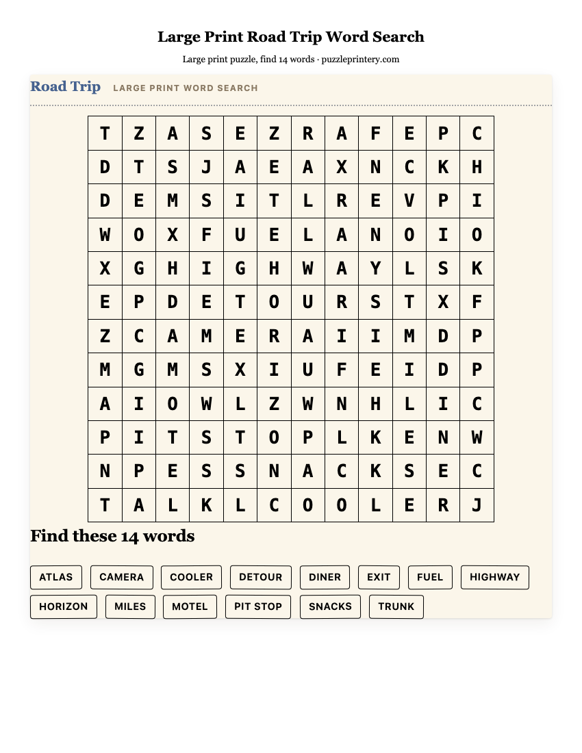 Large Print Road Trip Word Search printable preview