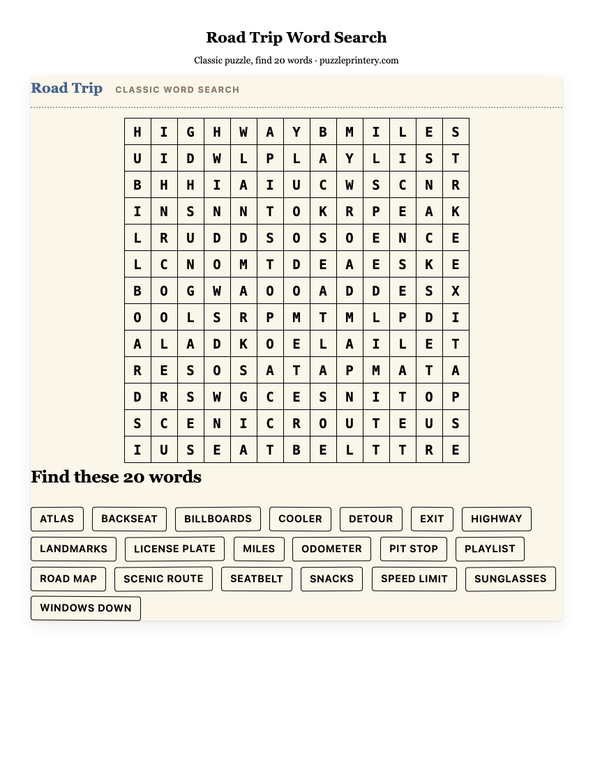 Road Trip Word Search printable preview