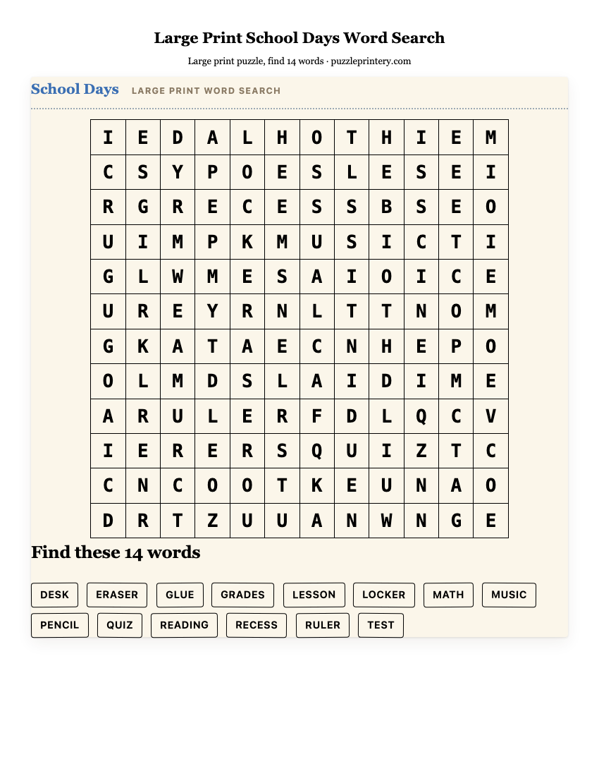 Large Print School Days Word Search printable preview