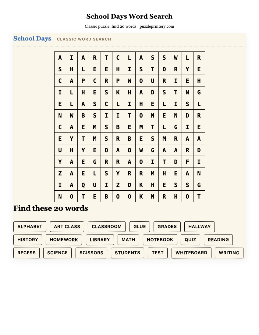 School Days Word Search printable preview