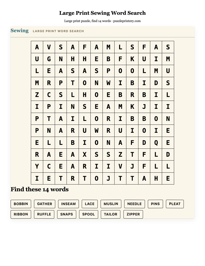 Large Print Sewing Word Search printable preview