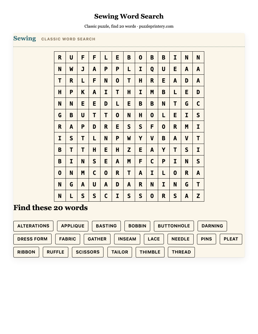 Sewing Word Search printable preview
