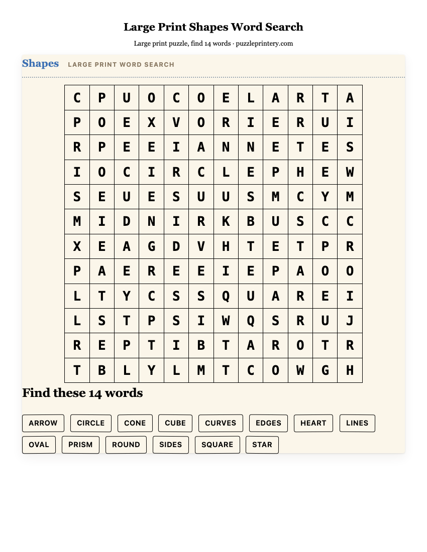Large Print Shapes Word Search printable preview