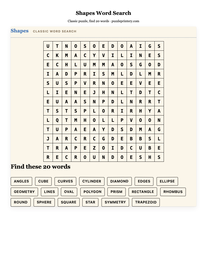 Shapes Word Search printable preview