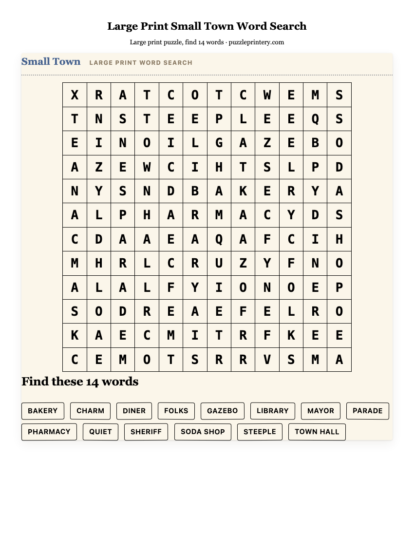 Large Print Small Town Word Search printable preview
