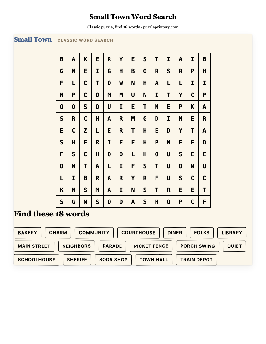 Small Town Word Search printable preview